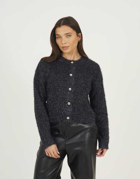 Brave Soul Fluffy tinsel knit cardigan in navy - view 1