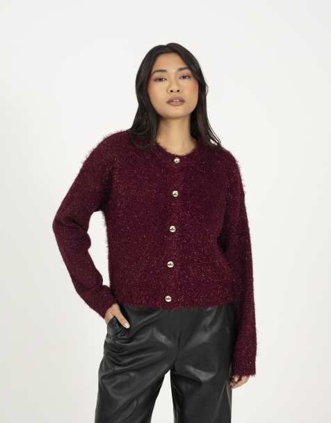 Brave Soul Fluffy tinsel knit cardigan in wine - view 1