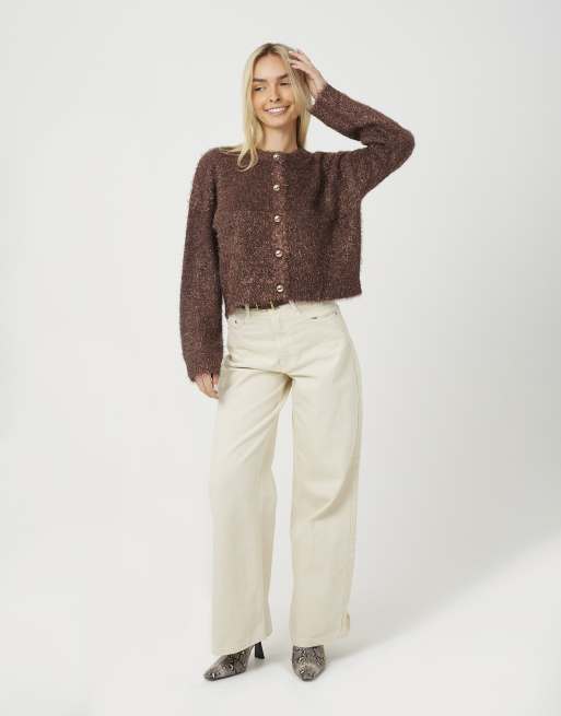 Brave Soul fluffy vest met glinsterend garen in chocoladebruin, 3 van 4