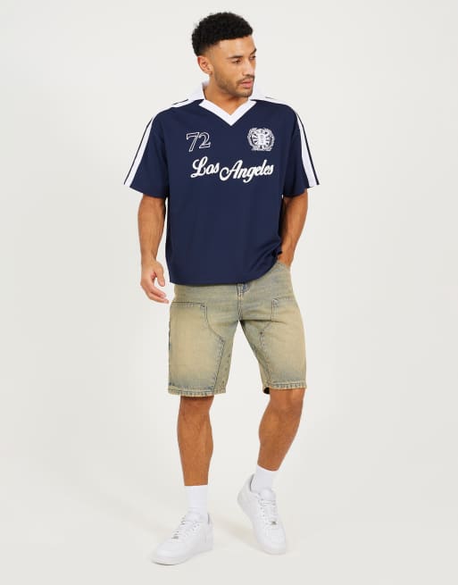 Brave Soul Football style polo shirt in navy, 3 of 4