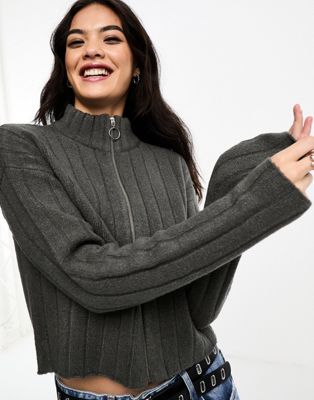 Brave Soul frankie zipped front ribbed jumper in charcoal - ASOS Price Checker