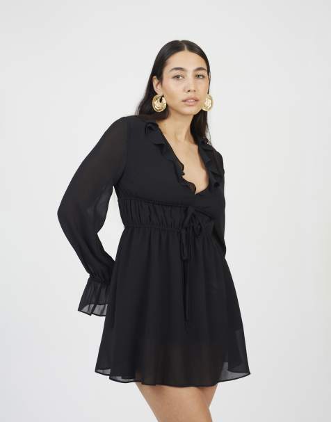 Brave Soul Frill detail ruched mini dress in black