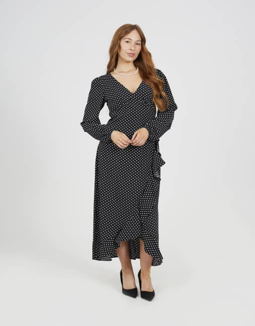 Brave Soul Frill detail wrap midi dress in black