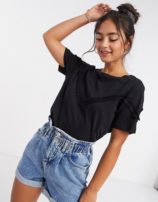 Brave Soul frill front t-shirt in black