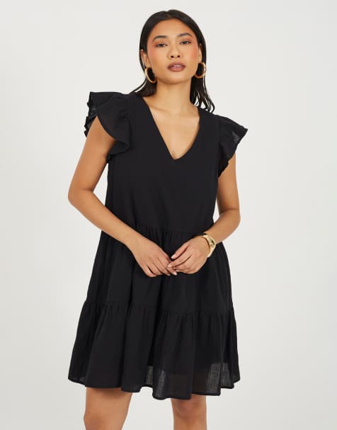 Brave Soul Frill sleeve v-neck tiered mini dress in black - view 1