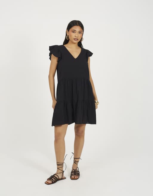 Brave Soul Frill sleeve v-neck tiered mini dress in black, 2 of 4