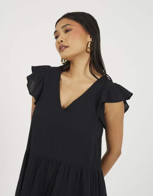 Brave Soul Frill sleeve v-neck tiered mini dress in black, 3 of 4