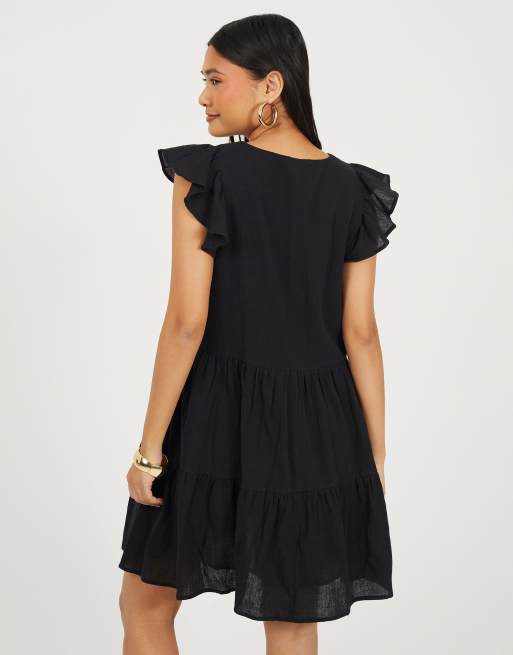 Brave Soul Frill sleeve v-neck tiered mini dress in black, 4 of 4