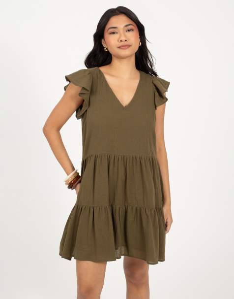 Brave Soul Frill sleeve v-neck tiered mini dress in khaki - view 1