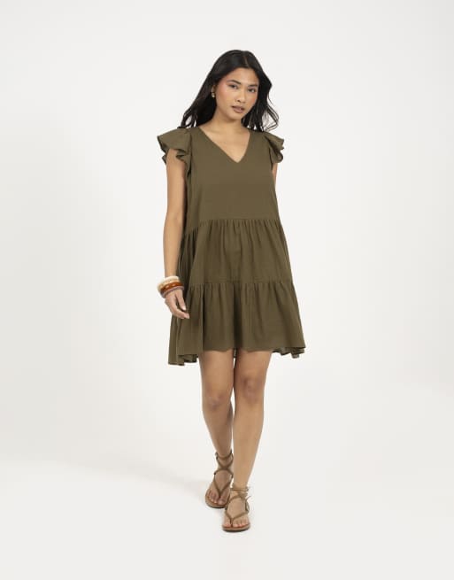Brave Soul Frill sleeve v-neck tiered mini dress in khaki, 2 of 4