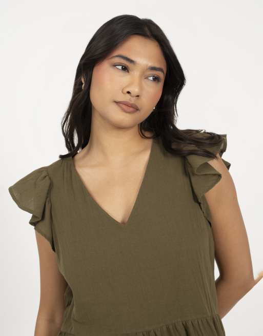 Brave Soul Frill sleeve v-neck tiered mini dress in khaki, 3 of 4