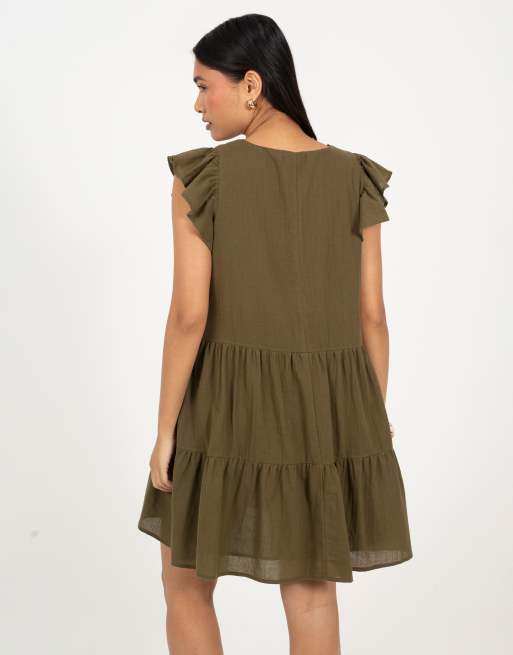 Brave Soul Frill sleeve v-neck tiered mini dress in khaki, 4 of 4