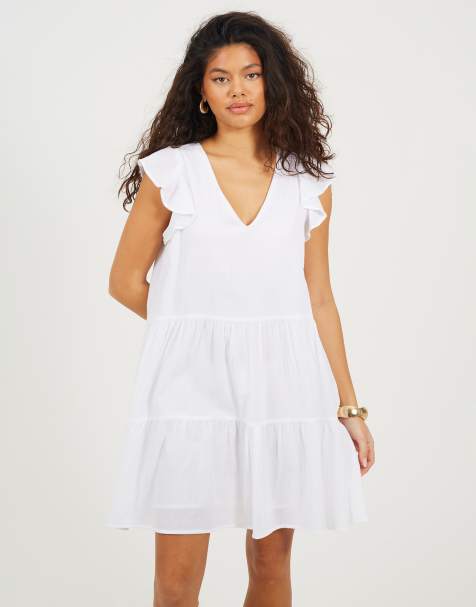 Brave Soul Frill sleeve v-neck tiered mini dress in white