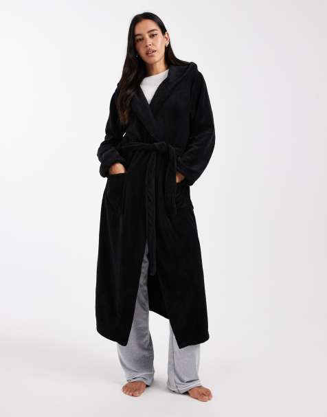 Brave Soul full length fluffy dressing gown in black - view 1