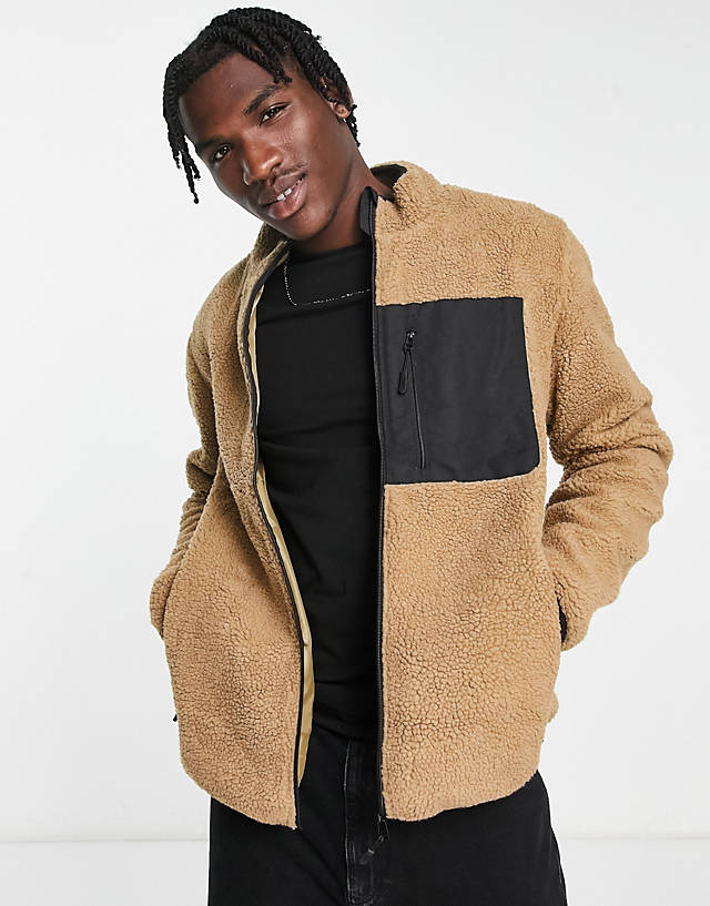 Brave Soul - full zip borg jacket in light brown