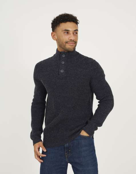 Brave Soul Funnel neck jumper with buttons in navy - view 1