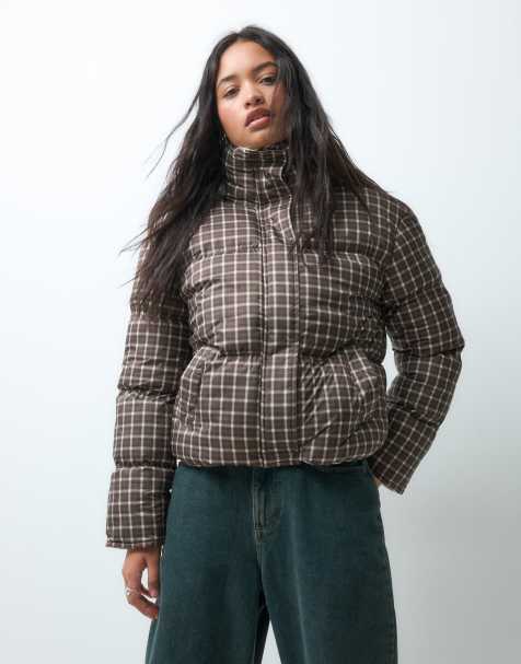 Brave Soul funnel neck puffer jacket in cream with check print in brown - view 1