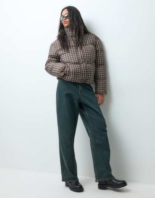 Brave Soul funnel neck puffer jacket in cream with check print in brown, 2 of 5