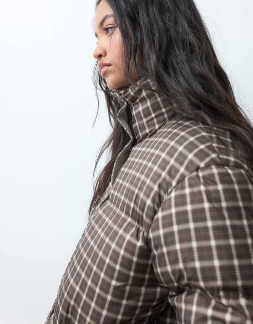 Brave Soul funnel neck puffer jacket in cream with check print in brown, 3 of 5