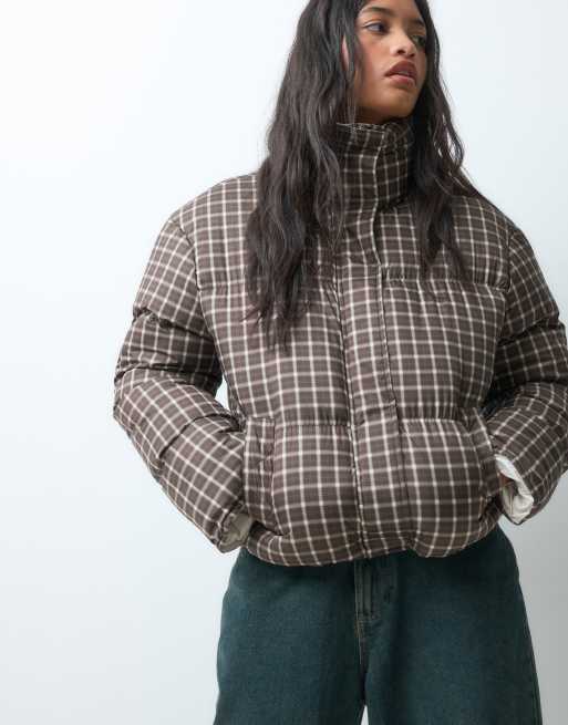 Brave Soul funnel neck puffer jacket in cream with check print in brown, 4 of 5