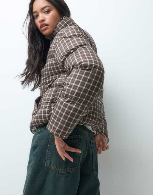 Brave Soul funnel neck puffer jacket in cream with check print in brown, 5 of 5