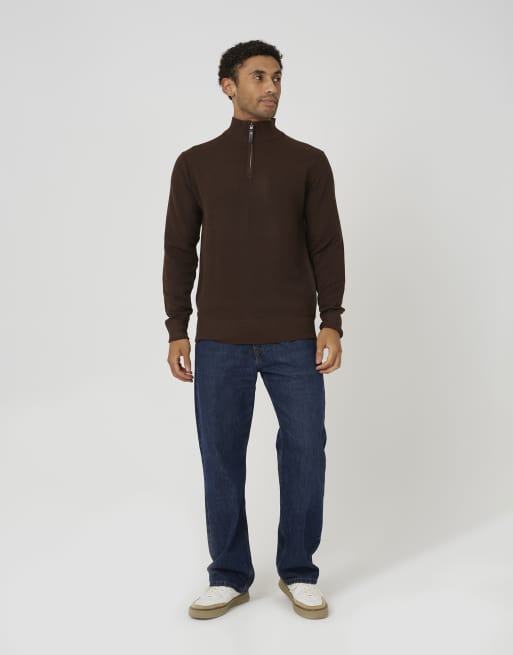 Brave Soul Funnel neck quarter zip knitted jumper in chocolate, 3 of 4