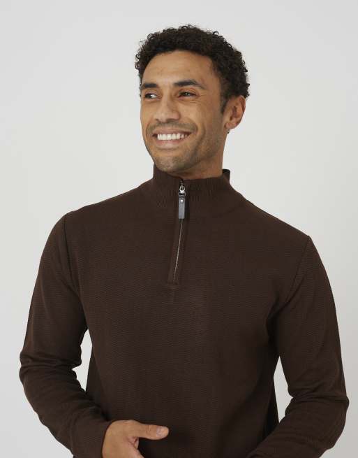 Brave Soul Funnel neck quarter zip knitted jumper in chocolate, 4 of 4