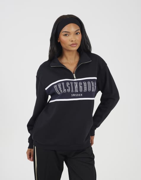 Brave Soul Funnel neck quarter zip sweatshirt with embroidery in black