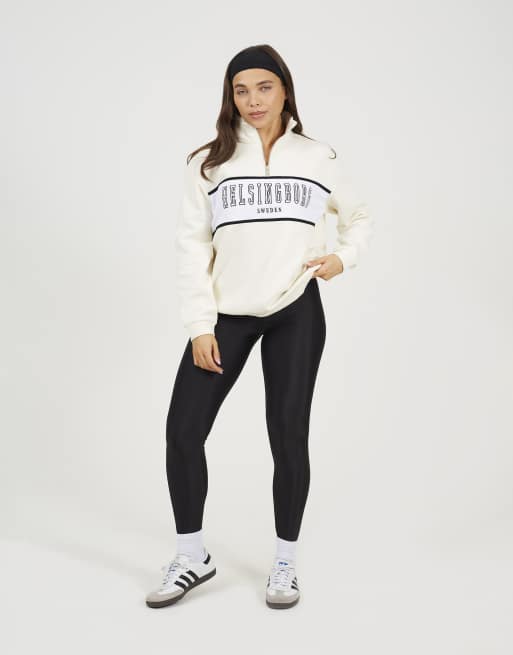 Brave Soul Funnel neck quarter zip sweatshirt with embroidery in cream, 3 of 4