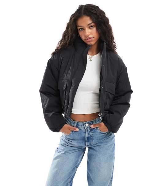 Brave Soul funnel neck short padded jacket with pockets in black - view 1