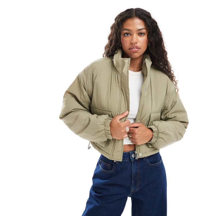 Brave Soul funnel neck short padded jacket with pockets in sage