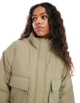 Brave Soul Funnel Neck Short Padded Jacket With Pockets In Green