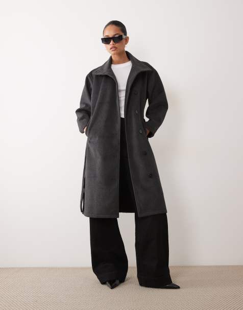 Brave Soul funnel neck tailored coat in charcoal - view 1