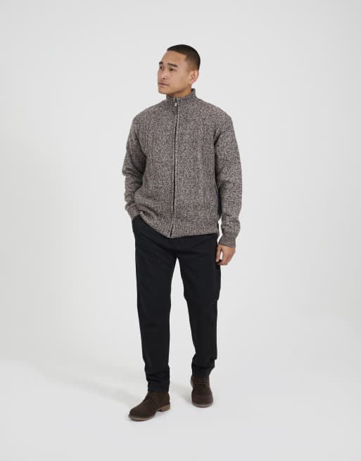 Brave Soul Funnel neck waffle knit zip through cardigan in brown, 3 of 4