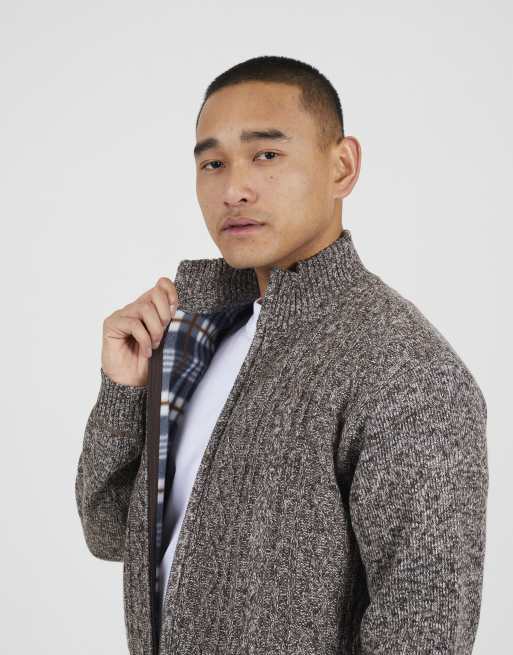 Brave Soul Funnel neck waffle knit zip through cardigan in brown, 4 of 4