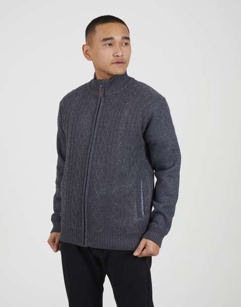 Brave Soul Funnel neck waffle knit zip through cardigan in charcoal - view 1