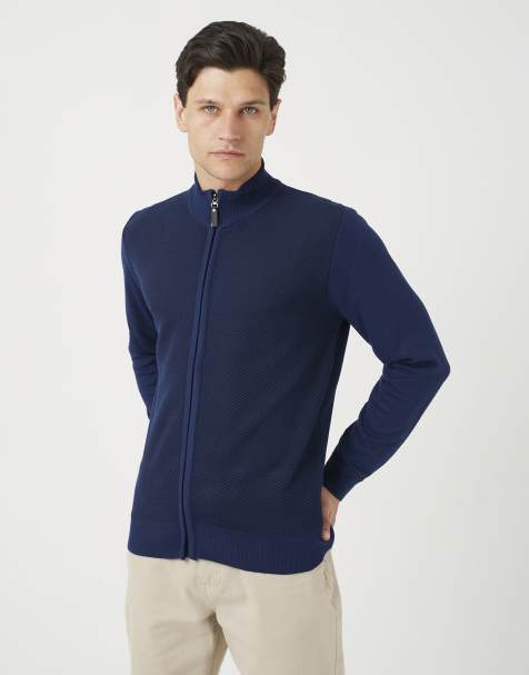 Brave Soul Funnel neck zip through knitted cardigan in dark navy - view 1