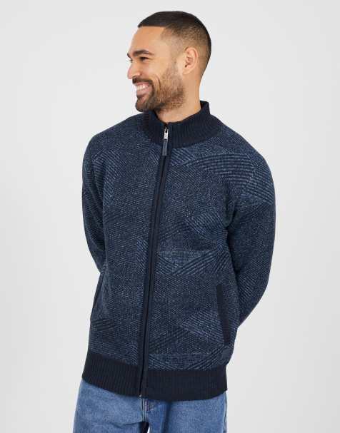 Brave Soul Funnel neck zip through knitted jumper in navy - view 1