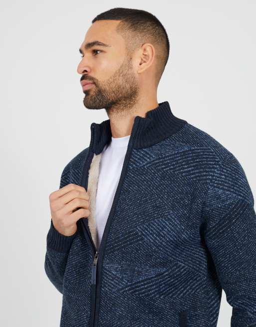 Brave Soul Funnel neck zip through knitted jumper in navy, 4 of 4