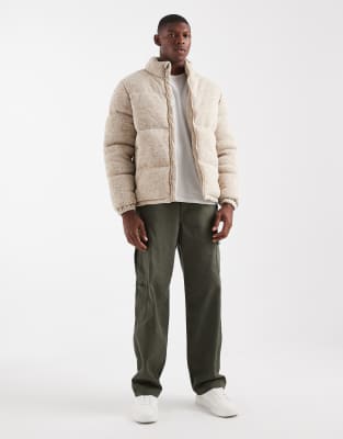 Brave Soul Funnel Neck Zip Up Puffer Jacket In Neutral