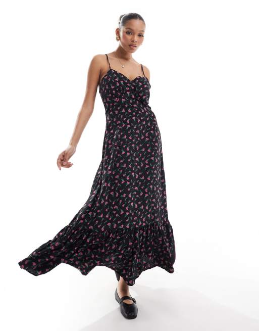 Brave Soul – Geblümtes Midikleid in Schwarz mit Trägern