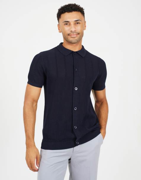 Brave Soul - Gebreid gestreept poloshirt met korte mouwen in donker marineblauw - view 1