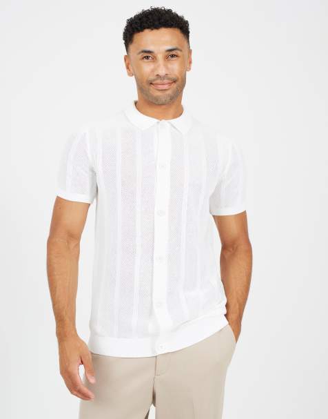 Brave Soul - Gebreid gestreept poloshirt met korte mouwen in ecru - view 1