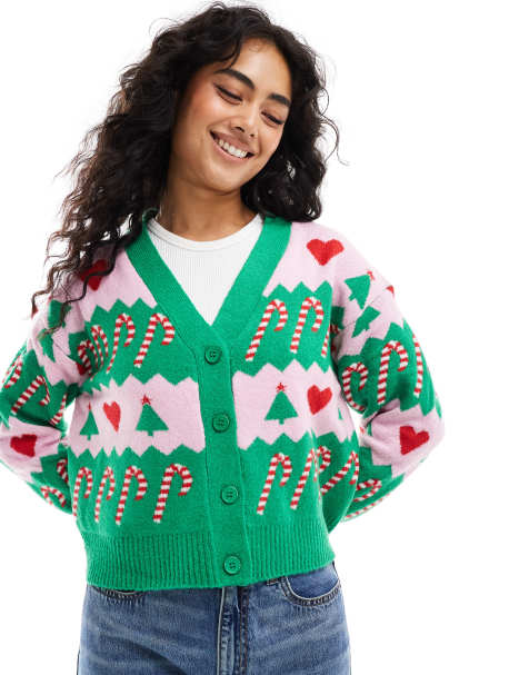 Brave Soul - Gebreid kerstvest met knoopsluiting in groen en roze - view 1
