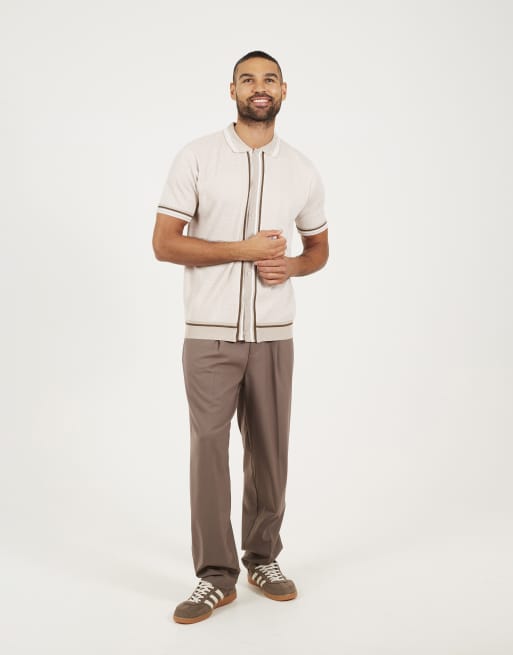 Brave Soul - Gebreid overhemd met korte mouwen in beige, 3 van 4