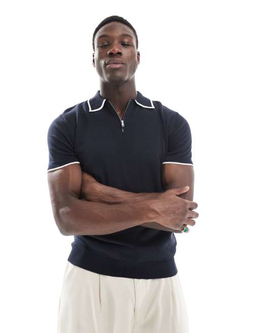 Brave Soul - Gebreid poloshirt met contrasterend gekleurd randje in marineblauw