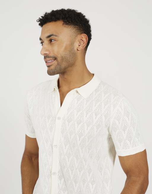 Brave Soul - Gebreid poloshirt met reverskraag in wit, 4 van 4