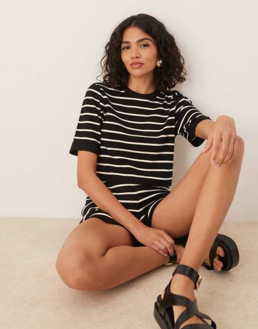 Brave Soul - Gebreid T-shirt met korte mouwen in zwart-witte strepen, deel van co-ord set 
