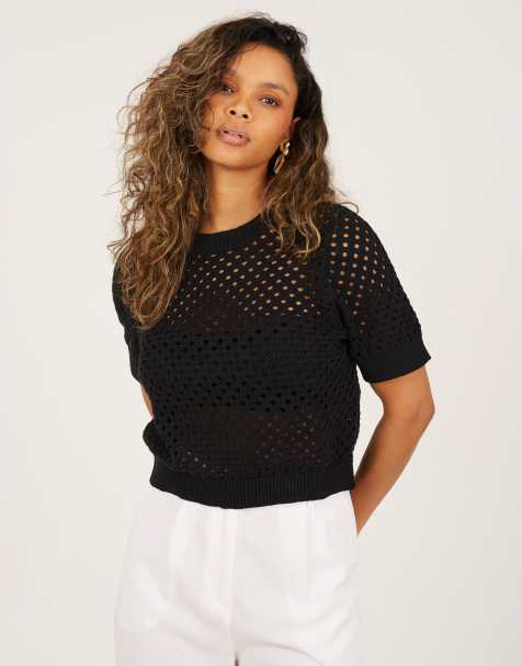 Brave Soul - Gebreid T-shirt van open mesh met ronde hals in zwart - view 1
