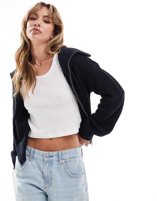Brave Soul - Gebreid vest in vissermansstijl met rits in marineblauw